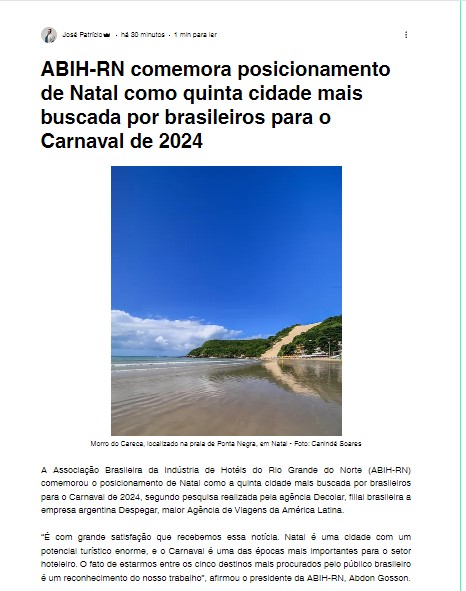 ABIH-RN comemora posicionamento de Natal como quinta cidade mais buscada por brasileiros para o Carnaval de 2024